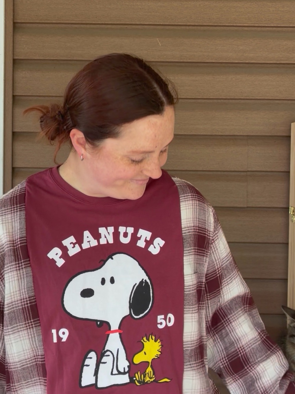 Peanuts Snoopy Graphic Tee - Burgundy with Plaid Shirt